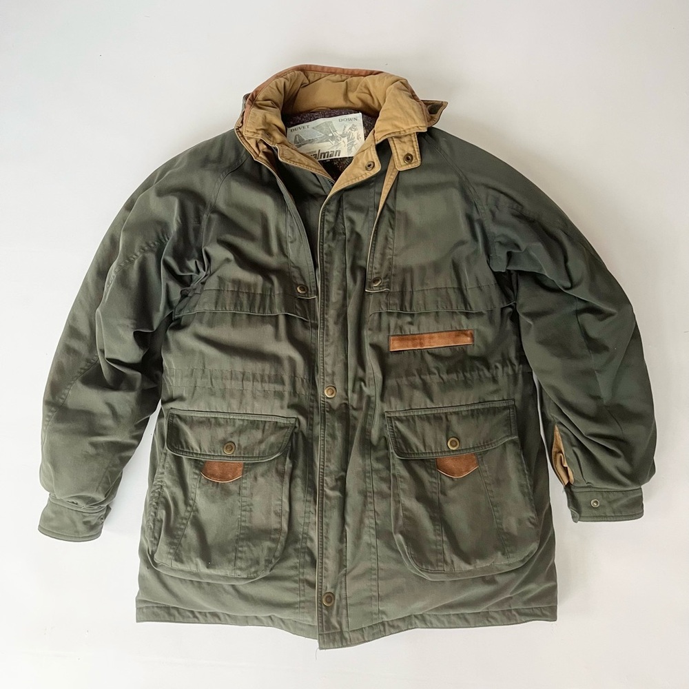 Men's Military-Style Olive Field Jacket with Tan Trim